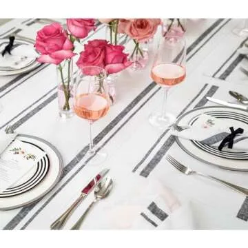 Solino Home Stripe Linen Table Runner 120 Inches Long – 100% Pure Linen Black and White Dining Table Runner 14 x 120 Inch Ideal for Wedding, Parties, Spring, Easter – French Stripe