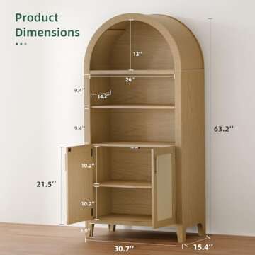 infurnic 63” Arched Storage Cabinet with Rattan Door, 5-Tier Arched Bookcase, Farmhouse Kitchen Pa...