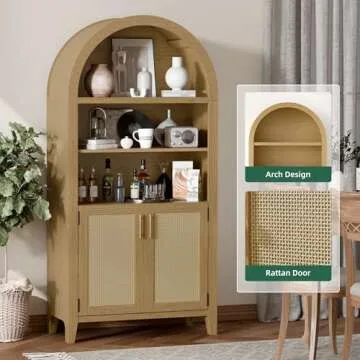 infurnic 63” Arched Storage Cabinet with Rattan Door, 5-Tier Arched Bookcase, Farmhouse Kitchen Pantry with Storage – Perfect for Dining Room, Living Room, Kitchen, or Home Office