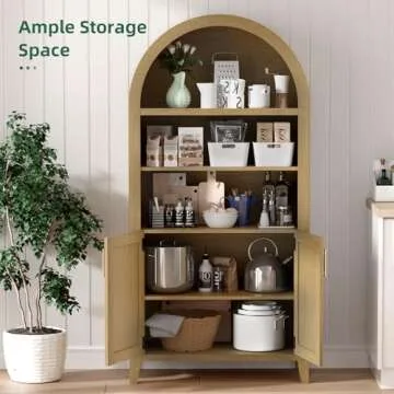 infurnic 63” Arched Storage Cabinet with Rattan Door, 5-Tier Arched Bookcase, Farmhouse Kitchen Pantry with Storage – Perfect for Dining Room, Living Room, Kitchen, or Home Office