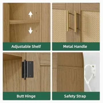 infurnic 63” Arched Storage Cabinet with Rattan Door, 5-Tier Arched Bookcase, Farmhouse Kitchen Pantry with Storage – Perfect for Dining Room, Living Room, Kitchen, or Home Office