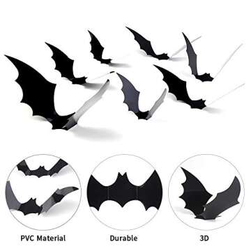 CCINEE 72pcs Halloween 3D Bat Wall Decals Stickers Extra Large Black Bats Window Door Decals Halloween Party Decoration Supply