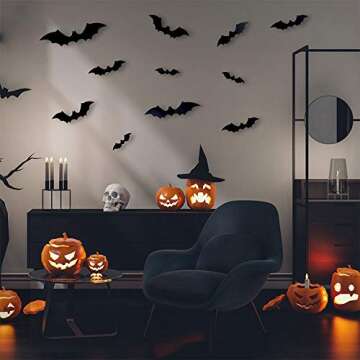 CCINEE 72pcs Halloween 3D Bat Wall Decals Stickers Extra Large Black Bats Window Door Decals Halloween Party Decoration Supply