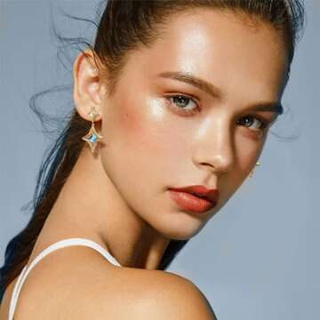 Sonateomber Gold Star Drop Dangle Earrings for Women Sparkly Teal Blue Aquamarine Topaz Rhinestone C...