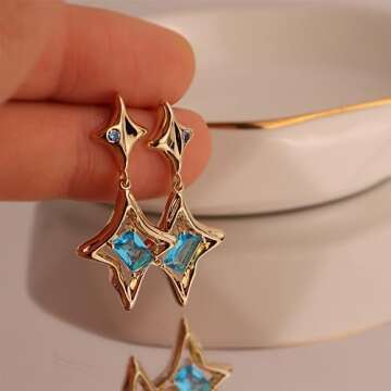 Sonateomber Gold Star Drop Dangle Earrings for Women Sparkly Teal Blue Aquamarine Topaz Rhinestone CZ Crystal Lucky Four-point Star Dangling Stud Fashion Wedding Prom Birthday Accessories Jewelry Gift