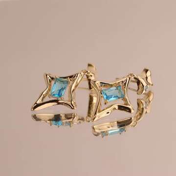 Sonateomber Gold Star Drop Dangle Earrings for Women Sparkly Teal Blue Aquamarine Topaz Rhinestone CZ Crystal Lucky Four-point Star Dangling Stud Fashion Wedding Prom Birthday Accessories Jewelry Gift