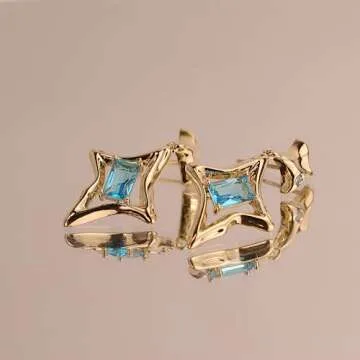 Sonateomber Gold Star Drop Dangle Earrings for Women Sparkly Teal Blue Aquamarine Topaz Rhinestone CZ Crystal Lucky Four-point Star Dangling Stud Fashion Wedding Prom Birthday Accessories Jewelry Gift