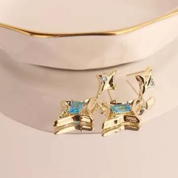 Sonateomber Gold Star Drop Dangle Earrings for Women Sparkly Teal Blue Aquamarine Topaz Rhinestone CZ Crystal Lucky Four-point Star Dangling Stud Fashion Wedding Prom Birthday Accessories Jewelry Gift