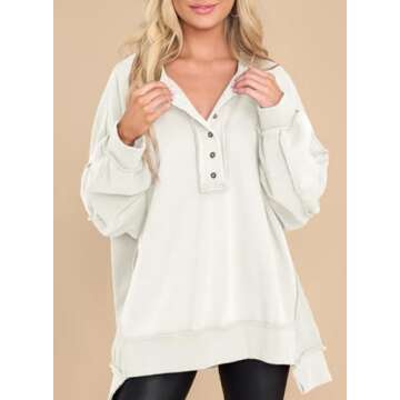 AlvaQ Oversized Sweatshirts Hoodies for Women Fall Button V Neck Pullover Sweatshirt Loose Casual Co...