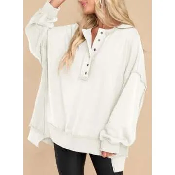AlvaQ Oversized Sweatshirts Hoodies for Women Fall Button V Neck Pullover Sweatshirt Loose Casual Comfy Fall Fashion Outfits Clothes 2024 Bright White Large