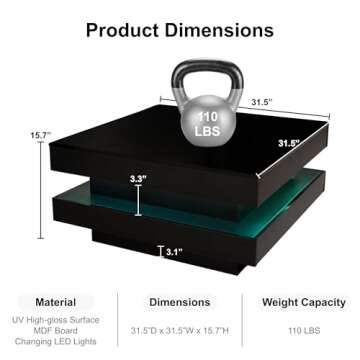 Black LED Coffee Table, 2 Tier Square Coffee Table, High Gloss Coffee Table with 16 Colors LED Light...