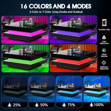 Black LED Coffee Table, 2 Tier Square Coffee Table, High Gloss Coffee Table with 16 Colors LED Lights & Remote Control, Modern Coffee Table for Living Room, Party, Office, Reception