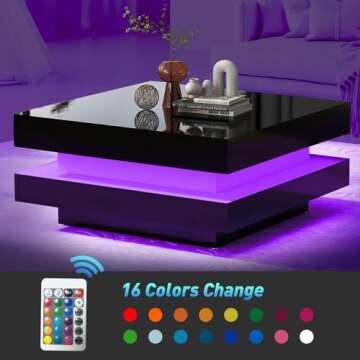 Black LED Coffee Table, 2 Tier Square Coffee Table, High Gloss Coffee Table with 16 Colors LED Lights & Remote Control, Modern Coffee Table for Living Room, Party, Office, Reception