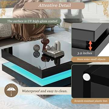 Black LED Coffee Table, 2 Tier Square Coffee Table, High Gloss Coffee Table with 16 Colors LED Lights & Remote Control, Modern Coffee Table for Living Room, Party, Office, Reception
