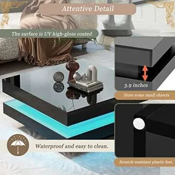 Black LED Coffee Table, 2 Tier Square Coffee Table, High Gloss Coffee Table with 16 Colors LED Lights & Remote Control, Modern Coffee Table for Living Room, Party, Office, Reception