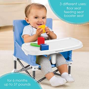 Summer by Bright Starts Pop 'N Sit Portable Booster Chair, Floor Seat, Indoor/Outdoor Use, Compact Fold, Dusty Blue, 6 Mos - 3 Yrs