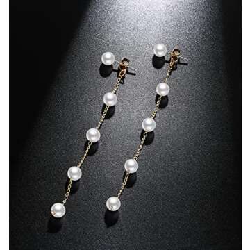 LOKLIFFAI Pearl Dangle Earrings for Women, Threader Earrings Ball Drop Earrings Long Chain Bridal Wedding Jewelry