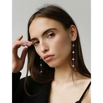 LOKLIFFAI Pearl Dangle Earrings for Women, Threader Earrings Ball Drop Earrings Long Chain Bridal Wedding Jewelry