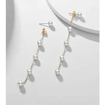 LOKLIFFAI Pearl Dangle Earrings for Women, Threader Earrings Ball Drop Earrings Long Chain Bridal Wedding Jewelry