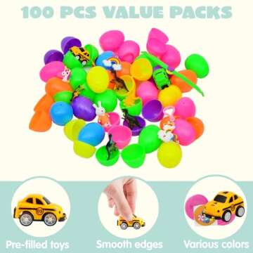 JOYIN 100 Pcs Prefilled Easter Eggs with Toys Plus Stickers, Filled with Toys Party Favors for Kids ...