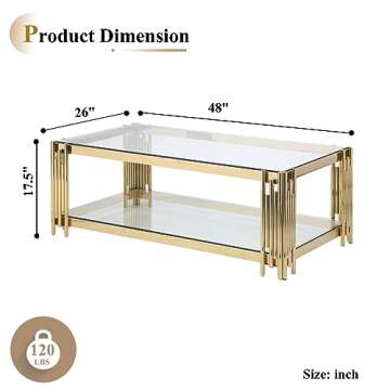 48" Rectangle Glass Coffee Table with Storage, Luxury 2-Tier Living Room Center Table w/Gold Stainle...