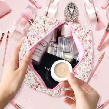 Dark Swan Quilted Makeup Bag - Cute Floral Travel Organizer