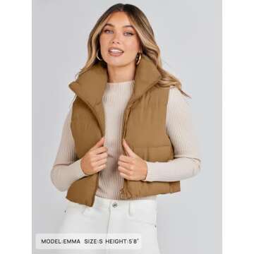 MEROKEETY Women's Crop Puffer Vest Lightweight Stand Collar Sleeveless Zip Up Padded Gilet Coat,Khaki,S
