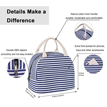 EurCross Blue and White Stripes Lunch Bag Women,Cooler Tote Bag Insulated Lunch Bento Box Bag, Canvas Portable Tote Thermal Bag for Adult Women and Men for Work