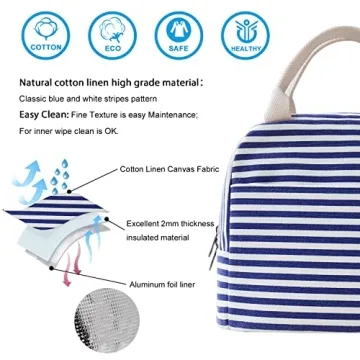 EurCross Blue and White Stripes Lunch Bag Women,Cooler Tote Bag Insulated Lunch Bento Box Bag, Canvas Portable Tote Thermal Bag for Adult Women and Men for Work