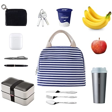 EurCross Blue and White Stripes Lunch Bag Women,Cooler Tote Bag Insulated Lunch Bento Box Bag, Canvas Portable Tote Thermal Bag for Adult Women and Men for Work