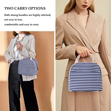 EurCross Blue and White Stripes Lunch Bag Women,Cooler Tote Bag Insulated Lunch Bento Box Bag, Canvas Portable Tote Thermal Bag for Adult Women and Men for Work