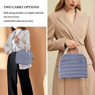 EurCross Blue and White Stripes Lunch Bag Women,Cooler Tote Bag Insulated Lunch Bento Box Bag, Canvas Portable Tote Thermal Bag for Adult Women and Men for Work