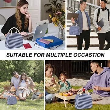 EurCross Blue and White Stripes Lunch Bag Women,Cooler Tote Bag Insulated Lunch Bento Box Bag, Canvas Portable Tote Thermal Bag for Adult Women and Men for Work