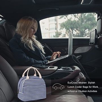 EurCross Blue and White Stripes Lunch Bag Women,Cooler Tote Bag Insulated Lunch Bento Box Bag, Canvas Portable Tote Thermal Bag for Adult Women and Men for Work