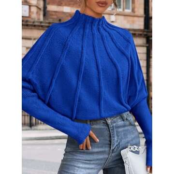 NALANISA Women's Mock Neck Batwing Sleeve Sweaters 2024 Fall Winter Oversized Knit Cute Pullover Sweater Dolman Tops Trendy(Blue,XL)