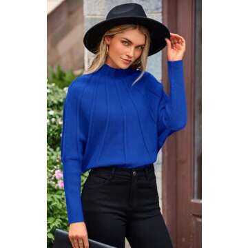 NALANISA Women's Mock Neck Batwing Sleeve Sweaters 2024 Fall Winter Oversized Knit Cute Pullover Sweater Dolman Tops Trendy(Blue,XL)