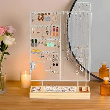 ProCase Jewelry Organizer Stand Earring Holder Organizer, 6 Tiers Earring Organizer Tree Necklace Rack Jewellery Tower Bracelets Holder Storage with Removable Wooden Ring Tray for Women Girls -White