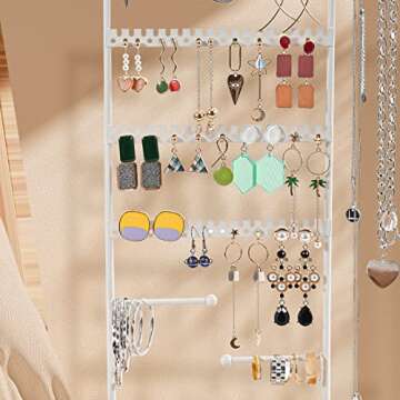 ProCase Jewelry Organizer Stand Earring Holder Organizer, 6 Tiers Earring Organizer Tree Necklace Rack Jewellery Tower Bracelets Holder Storage with Removable Wooden Ring Tray for Women Girls -White