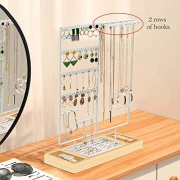 ProCase Jewelry Organizer Stand Earring Holder Organizer, 6 Tiers Earring Organizer Tree Necklace Rack Jewellery Tower Bracelets Holder Storage with Removable Wooden Ring Tray for Women Girls -White