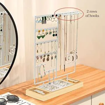 ProCase Jewelry Organizer Stand Earring Holder Organizer, 6 Tiers Earring Organizer Tree Necklace Rack Jewellery Tower Bracelets Holder Storage with Removable Wooden Ring Tray for Women Girls -White