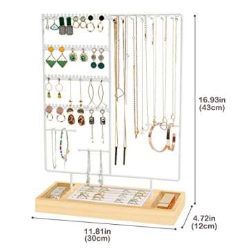 ProCase Jewelry Organizer Stand Earring Holder Organizer, 6 Tiers Earring Organizer Tree Necklace Rack Jewellery Tower Bracelets Holder Storage with Removable Wooden Ring Tray for Women Girls -White