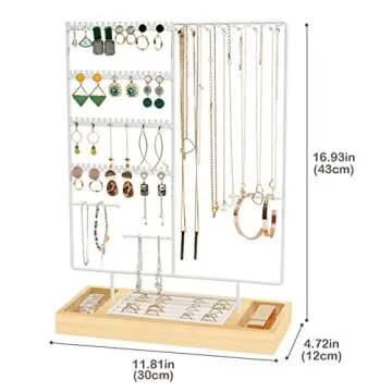ProCase Jewelry Organizer Stand Earring Holder Organizer, 6 Tiers Earring Organizer Tree Necklace Rack Jewellery Tower Bracelets Holder Storage with Removable Wooden Ring Tray for Women Girls -White