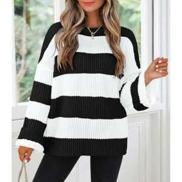 ZESICA Women's Fall Long Sleeve Crew Neck Striped Color Block Oversized Sweater, Comfy Knitted Pullo...