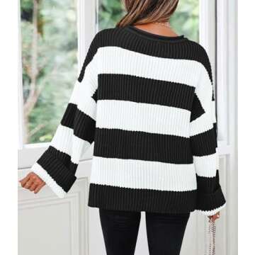 ZESICA Women's Fall Long Sleeve Crew Neck Striped Color Block Comfy Loose Oversized Knitted Pullover Sweater,BlackStriped,X-Large