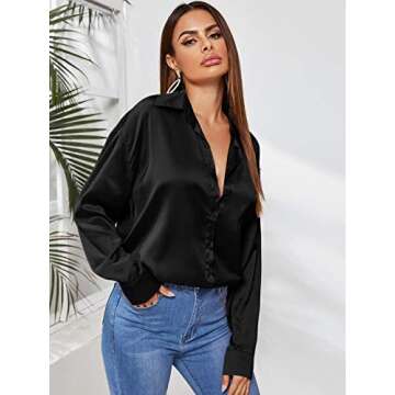 SOLY HUX Women's Satin Silk Long Sleeve Button Down Shirt Formal Work Blouse Top Black M