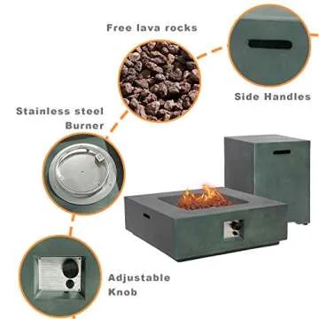COSIEST 2-Piece Outdoor Propane Fire Pit Table Set w Tank, Green Faux Stone 35 inch Square Fire Table w 50,000 BTU Stainless Steel Burner, w Metal Lid 20lb Hideway Tank for Garden, Porch