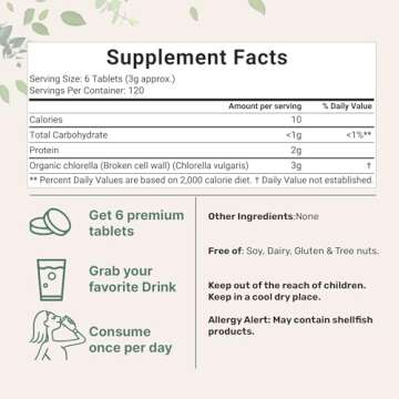 Organic Chlorella Tablets, 500mg Per Tablet, 720 Tabs (360 Grams), 4 Months Supply, Broken Cell Wall, Rich in Vegan Protein & Vitamins, No Filler, No Additives & Non-GMO | Pure Green Algae Superfood