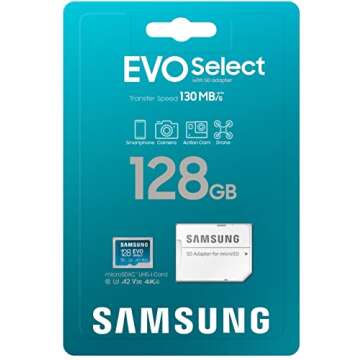 SAMSUNG EVO Select Micro SD-Memory-Card + Adapter, 128GB microSDXC 130MB/s Full HD & 4K UHD, UHS-I, U3, A2, V30, Expanded Storage for Android Smartphones, Tablets, Nintendo-Switch (MB-ME128KA/AM)