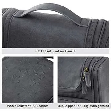 BAGSMART Hanging Toiletry Bag, Water-resistant Leather Dopp Kit, Large Travel Organizer for Full Sized Container, Grey