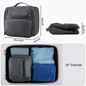 BAGSMART Hanging Toiletry Bag, Water-resistant Leather Dopp Kit, Large Travel Organizer for Full Sized Container, Grey